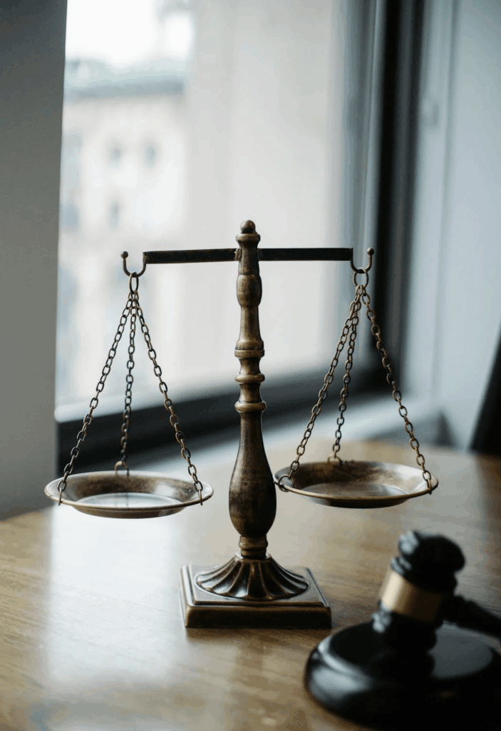 Balança da justiça e martelo de juiz sobre mesa de madeira