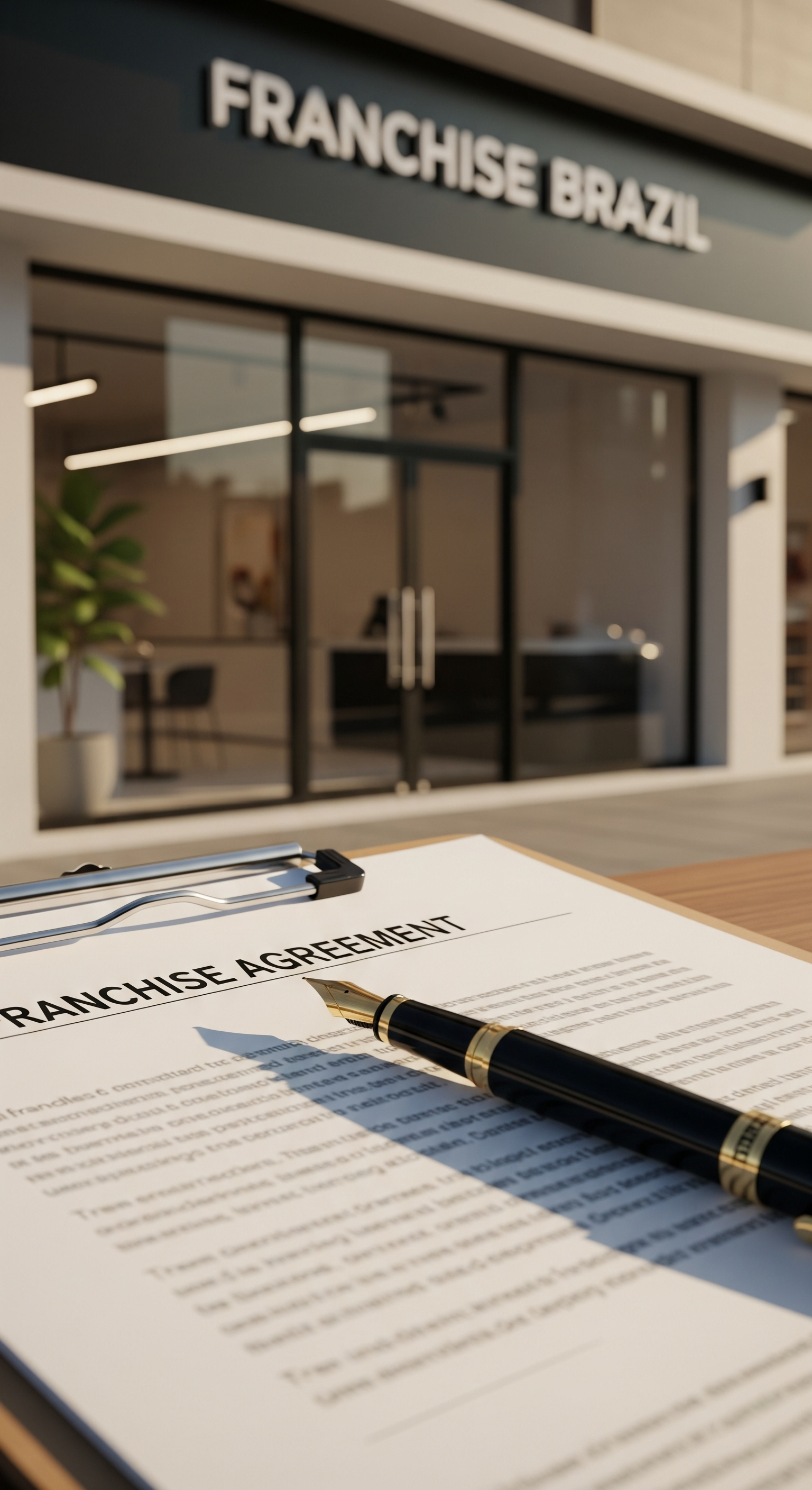 A Franchise Agreement document and a pen in the foreground, with a 'Franchise Brazil' storefront blurred in the background, symbolizing the legal process of franchising in Brazil.