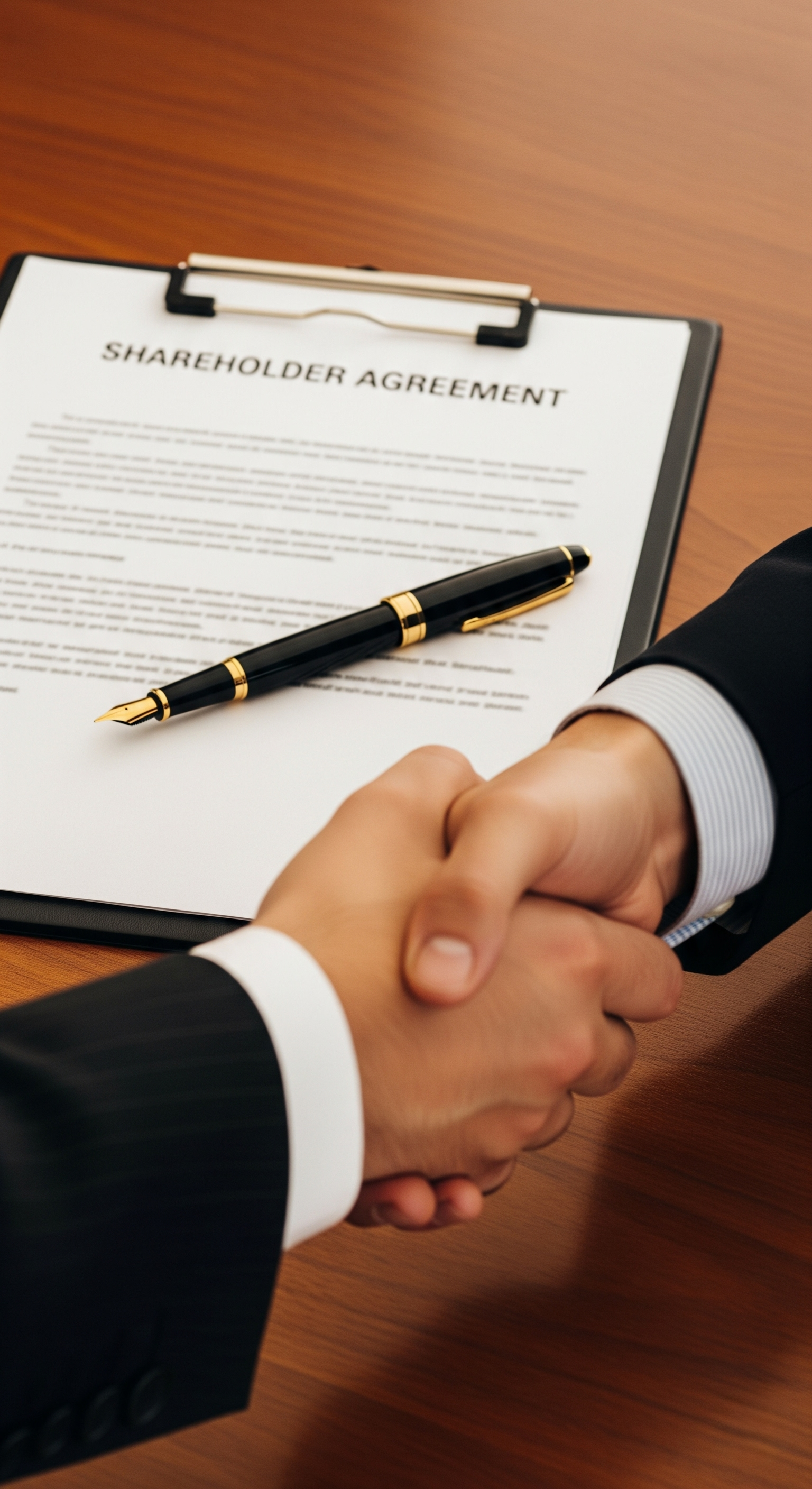 Two business professionals shaking hands over a 'Shareholder Agreement' document with a gold fountain pen, symbolizing a new partnership and trust in a corporate setting.